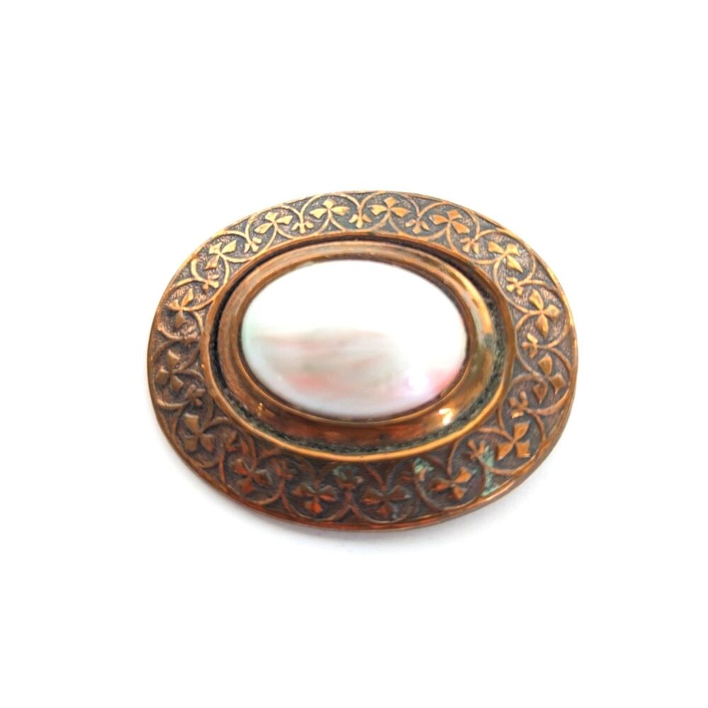 Vintage Victorian Oval Copper Faux Opal Cabochon Ornate Clover Design Brooch